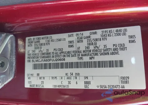 2015 Lincoln Mkc from USA, damaged, VIN 5LMCJ1A93FUJ20608